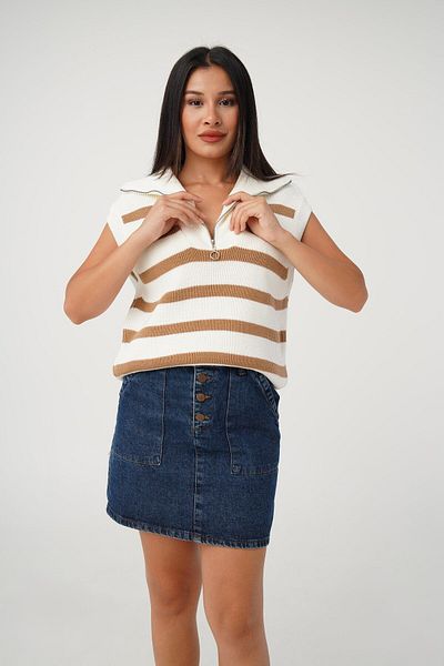 Hipo Trend Ecru Sweater - Thick Striped and Zippered Collar