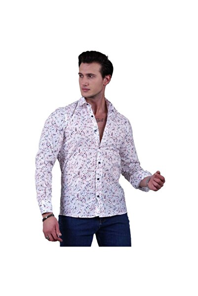 Exve Exclusive Cămașă pentru bărbați, roșu, bleumarin, cu frunze imprimate din bumbac, slim fit, pe alb