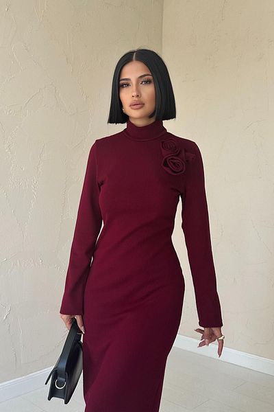 SEREN TEKSTİL Burgundy Shoulder Straight Dress with Roses