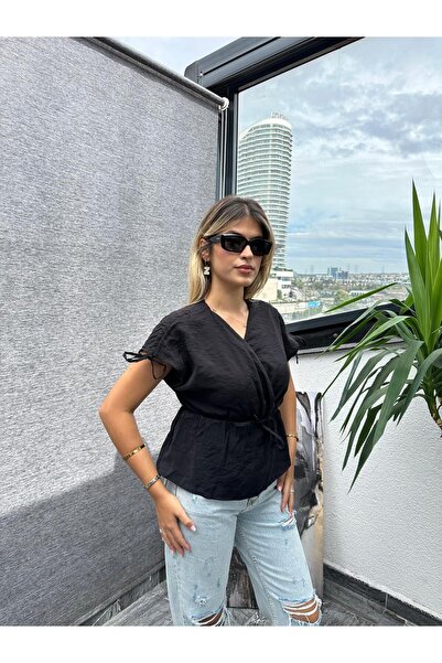 Kübra Tekstil Μαύρη μπλούζα με γιακά με δέσιμο στον ώμο Kt02091