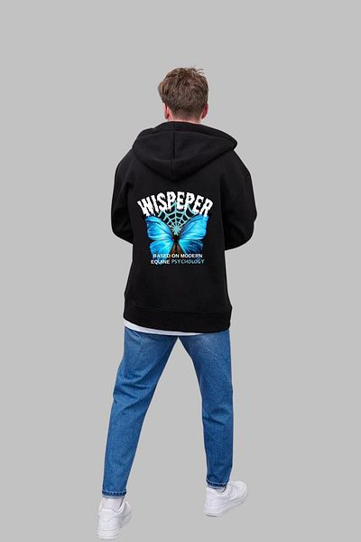 Nyda Collections Unisex Μαύρη υπερμεγέθη βαμβακερή ζακέτα - 3 κλωστές με στάμπα πεταλούδας, τσέπες, χειμώνας