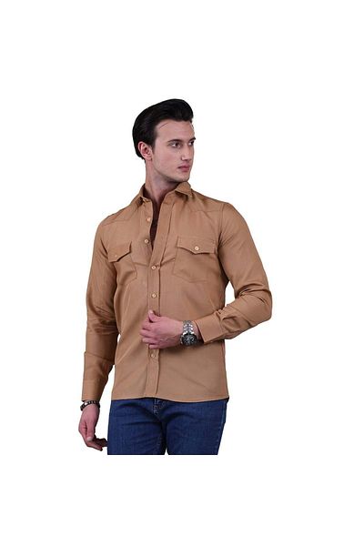 Exve Exclusive Mustard Yellow Flared Woven Solid Color Slim Fit Western Shirt with Double Pocket Flaps
