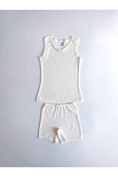ÇebiKids Girl's 100% Cotton Ecru Retro Tank Top Panties Set