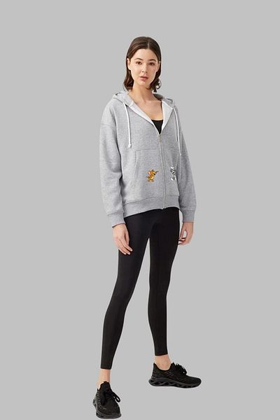 Nyda Collections Unisex γκρι υπερμεγέθη ζακέτα - 3 κλωστές, φερμουάρ, τσέπη, χειμωνιάτικο βαμβακερό ράστερ με στάμπα Tom and Jerry