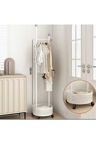 TRENDESK Ayaklı Beyaz Konfeksiyon Askısı Metal Elbise Askılığı Sepetli Askılıktekerlekli 125 Cm 3236