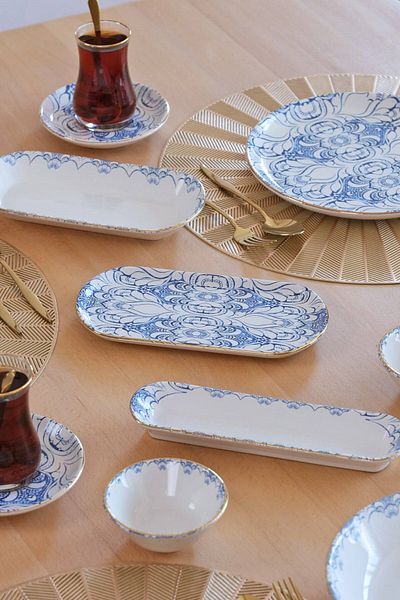 Glore Asya Blue Cycle - Gold Gilded 41 Piece Ceramic Breakfast Set for 6 People