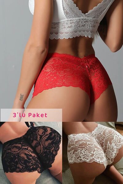 Kadın Kırmızı Siyah Beyaz 3'lü Paket Dantel  Desenli Tanga Şort Külot LASENİ UNDERWEAR
