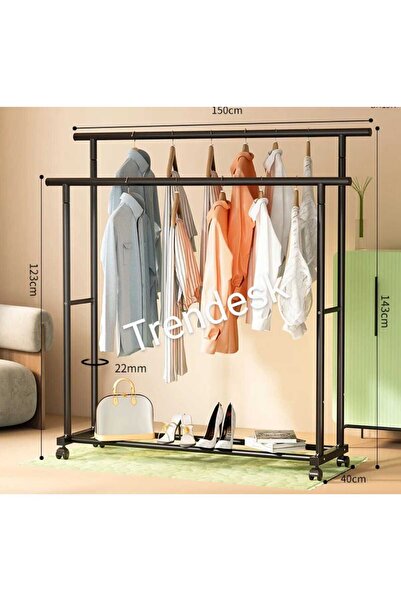 TRENDESK Metal Siyah Elbise Askısı 2 Katlı Tekerlekli Askı Konfeksiyon Askısı ( Eşek Askı ) 143 Cm 3406