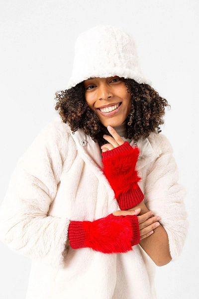 Luminos Butik Women's Furry Plush Red Wool Cutout Gloves Eld30