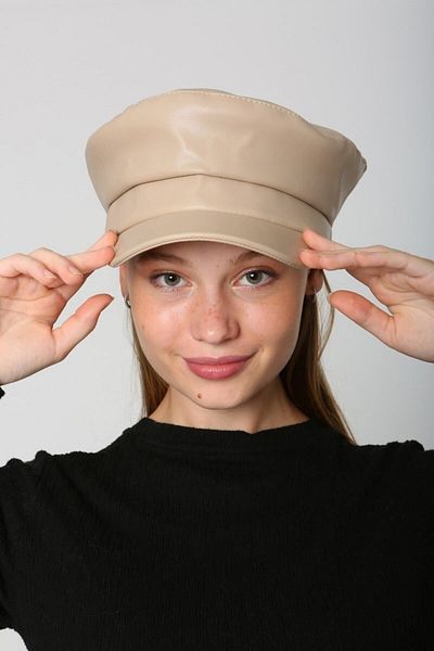 Luminos Butik Beige Synthetic Leather Hat - Wide Brim and Stitching Detail Spk1127