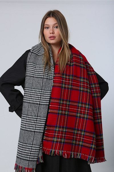 Luminos Butik Red Plaid Patterned Women's Neckerchief - Double Sided, 70X185 cm Sal1214
