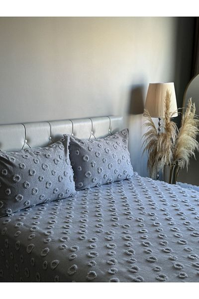 LUSSO Pompom Silver Gray Tufted Double Bedspread - 250X260 2 Pillows