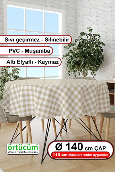 Örtücüm Krem Beyaz Yuvarlak Astarlı Pvc Muşamba Mutfak Masa Örtüsü Leke Tutma...