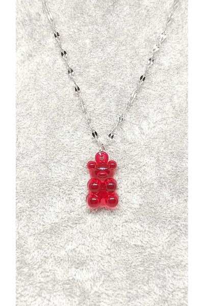 TUNA TAKI & AKSESUAR Stainless Steel Chain Teddy Bear and Jelly Bean Necklace - Teen and Gift Necklace