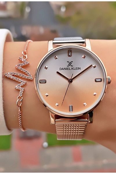 Daniel Klein Rose Brand Silver Women's Wristwatch and Bracelet Gift