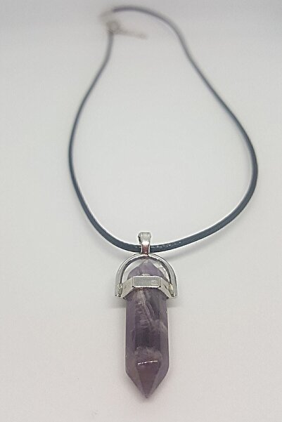 Kardeş Bijuteri Ametis Taşı Prizma Çivi Kesim Doğal Taşlı Siyah Ipli Kolye - 38