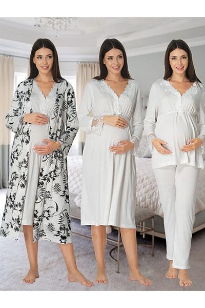 HAMİLE ÇARŞISI Ecru Maternity Pajamas Nightgown Set with Dressing Gown