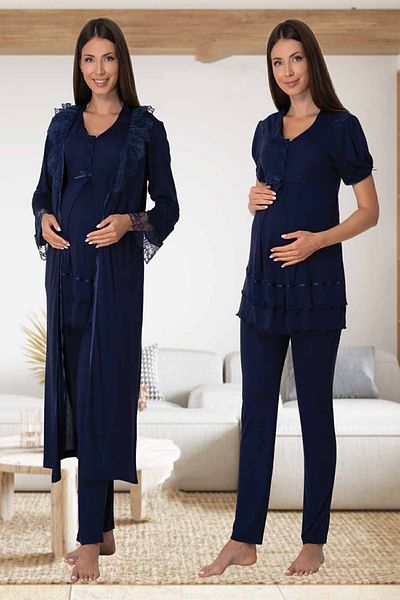 Effortt Mayss Collections 8024 Navy Blue Maternity Pajamas Set with Dressing Gown