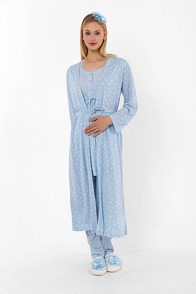 ByLohusa Set de pijamale de maternitate Effortt Maternity cu halat albastru