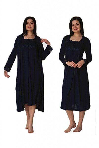 E&C HAMİLE ÇARŞISI Women's Long Sleeve Navy Blue Mina Maternity Nightgown Dre...