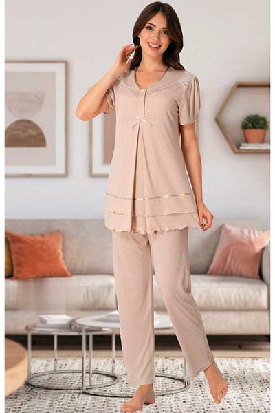Effort Pijama Γυναικείο Milk Coffee Σετ Πιτζάμες εγκυμοσύνης με κρυφό Θηλασμό Effortt 8022