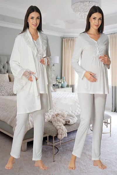Effort Pijama Zerre Bebe Women's White Velvet Maternity Pajama Set with Dressing Gown 8088