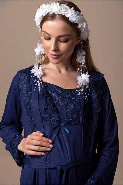ByLohusa Effortt Navy Blue Maternity Pajama Set with Dressing Gown