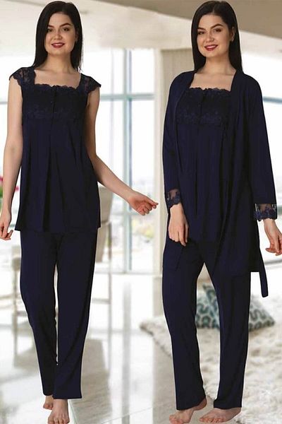 Effort Pijama طقم بيجامة للحوامل باللون الأزرق الداكن من Zerre مع ثوب صباحي 2301