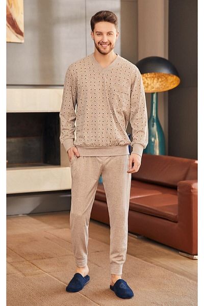 ByLohusa Ανδρικό Σετ Πιτζάμες Καφέ Melange V-Neck Plus Size