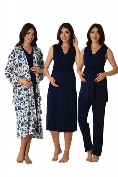 E&C HAMİLE ÇARŞISI Effortt 8036 Navy Blue 4-Piece Maternity Pregnant Set