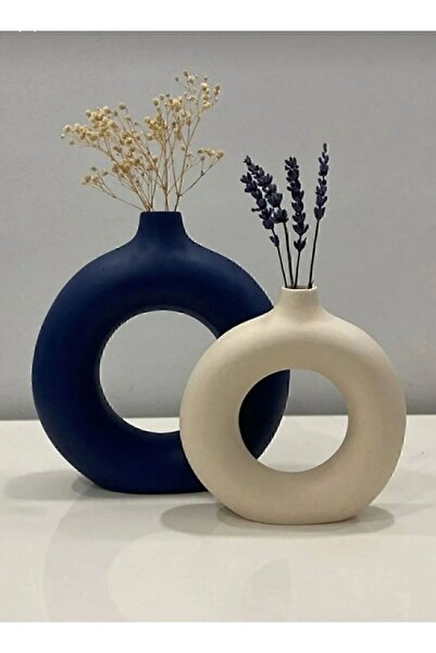 LİSYANTUS HOME Lisyantus Home Dekoratif Seramik Lacivert -bej 2 Li Halka Vazo Bohem Set