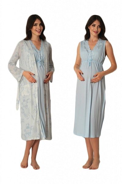 HAMİLE ÇARŞISI Effortt 8035 Blue Pattern Maternity Nightgown with Dressing Gown