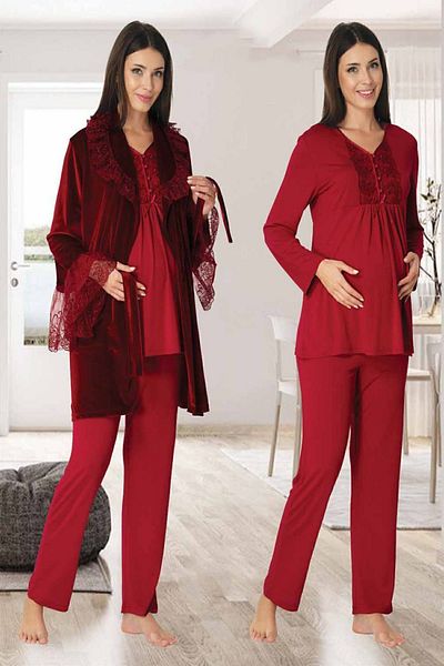 Effortt مجموعة Mayss Collections 8088 بيجامة الأمومة المخملية ذات اللون الأحمر مع ثوب النوم