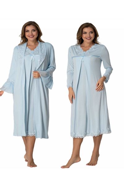 Effort Pijama Set cămașă de noapte pentru maternitate din dantelă albastră Effortt cu halat 7035