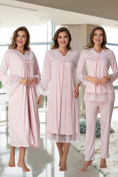 Effortt Women's Lace Powder Breastfeeding Maternity Nightgown-Dressing-Gown-Pajamas Set of 4