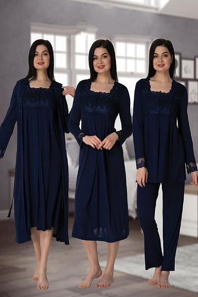 Effort Pijama Zerre Bebe Women's Navy Blue Long Sleeve Pajamas Set Nightgown Dressing Gown Maternity Pregnant 4-Piece Set 2405