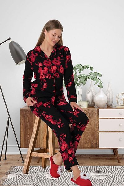 ByLohusa Set de pijamale de damă negru cu modele florale