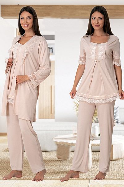 Effortt 6034 Maternity Pajamas Set with Milk Coffee Easy Breastfeeding Features and Dressing Gown