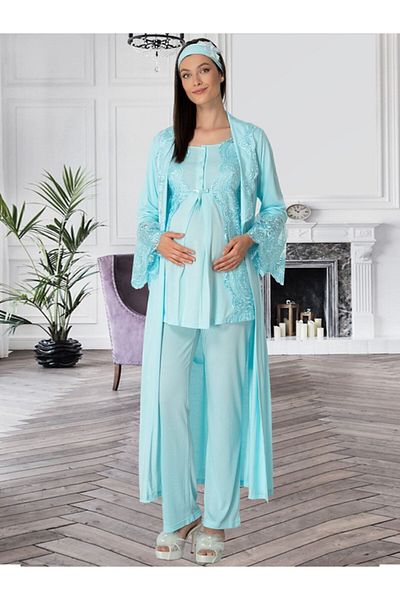HAMİLE ÇARŞISI Mecit Pajamas Women's Turquoise Maternity Pajamas Set with Dressing Gown 5353