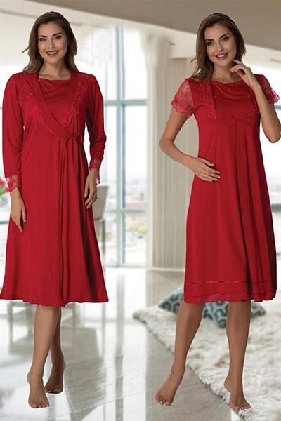 Effort Pijama Freya Effort Fuchsia Midi Lacy Maternity Nightgown Dressing Gown Set