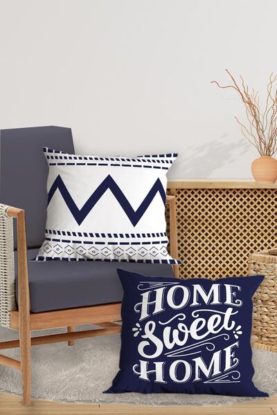 Belle Benoit Set de 4 fețe de pernă cu imprimeu digital pe două fețe, albastru-marin-alb, cu fermoar, 43x43 cm