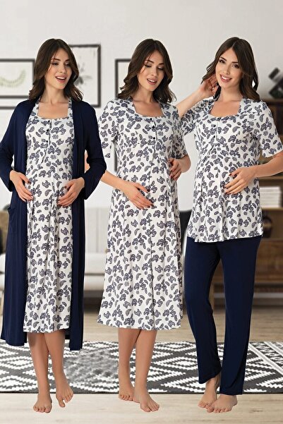 Effortt Maternity Pajamas Set Nightgown Dressing Gown Set Effort 8016-navy blue