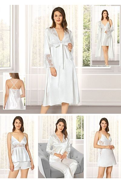Mod Collection 7ZTA7GRP7.4.024 Set de zestre din satin pentru femei, 6 piese, halat de toaleta din dantela Set de pijama de noapte cu pantaloni scurti
