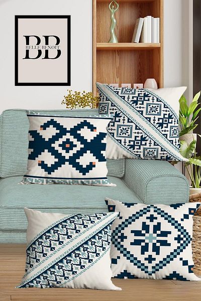 Belle Benoit Set de huse de pernă cu 4 locuri decorative, cu design etnic, alb, albastru