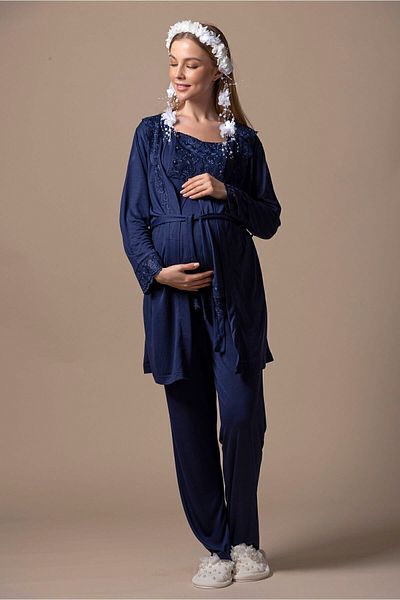 ByLohusa Effortt Navy Blue Maternity Pajama Set with Dressing Gown