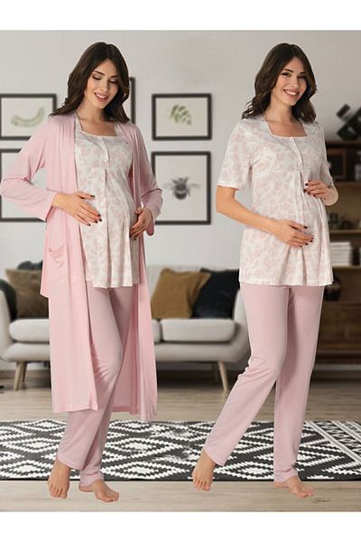Effort Pijama Effortt 8014 Patterned Maternity Pajama Set with Pink Dressing Gown