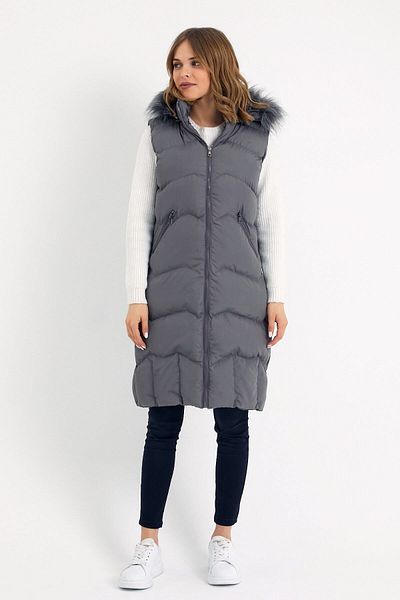 DYNAMO Women's Gray Long Vest with Hood and Fur