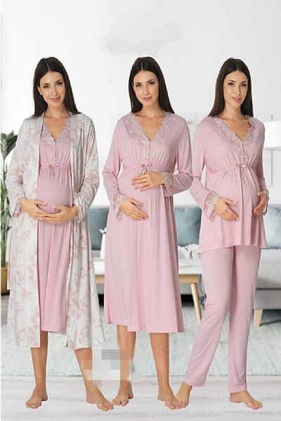 Effort Pijama طقم بيجامة نسائي وردي بأكمام طويلة من Zerre Bebe، ثوب نوم، ثوب نوم للحوامل، طقم مكون من 4 قطع