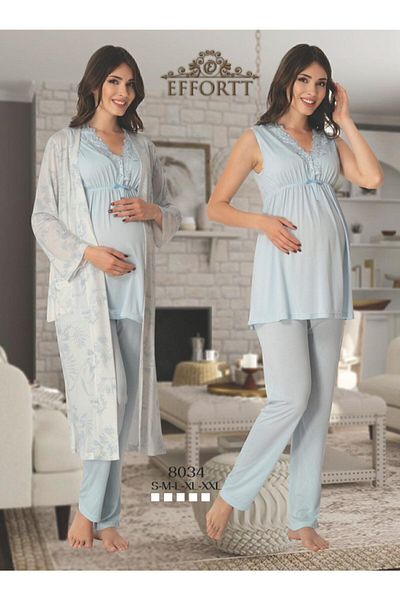 Effortt Women's Blue Pattern Maternity Pajamas Set with Dressing Gown 3-Piece Set