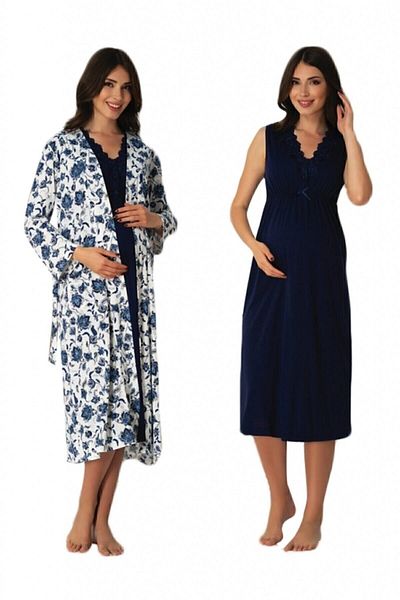 HAMİLE ÇARŞISI Effortt 8035 Navy Blue Pattern Maternity Nightgown with Dressing Gown